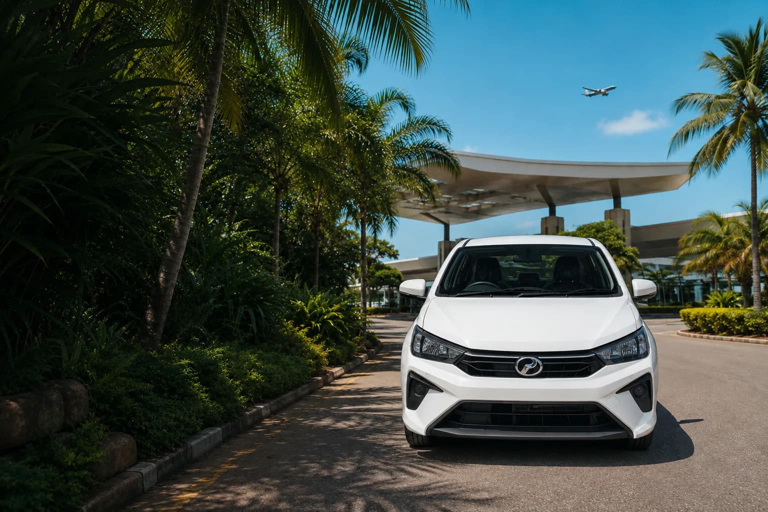 White compact car at a palm-lined airport driveway